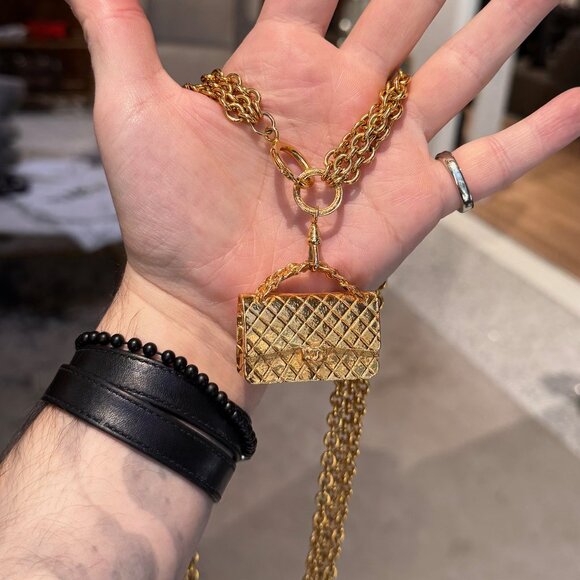 Chanel Vintage Gold Plated Bag Charm Triple Chains Necklace Belt - Picture 10 of 16